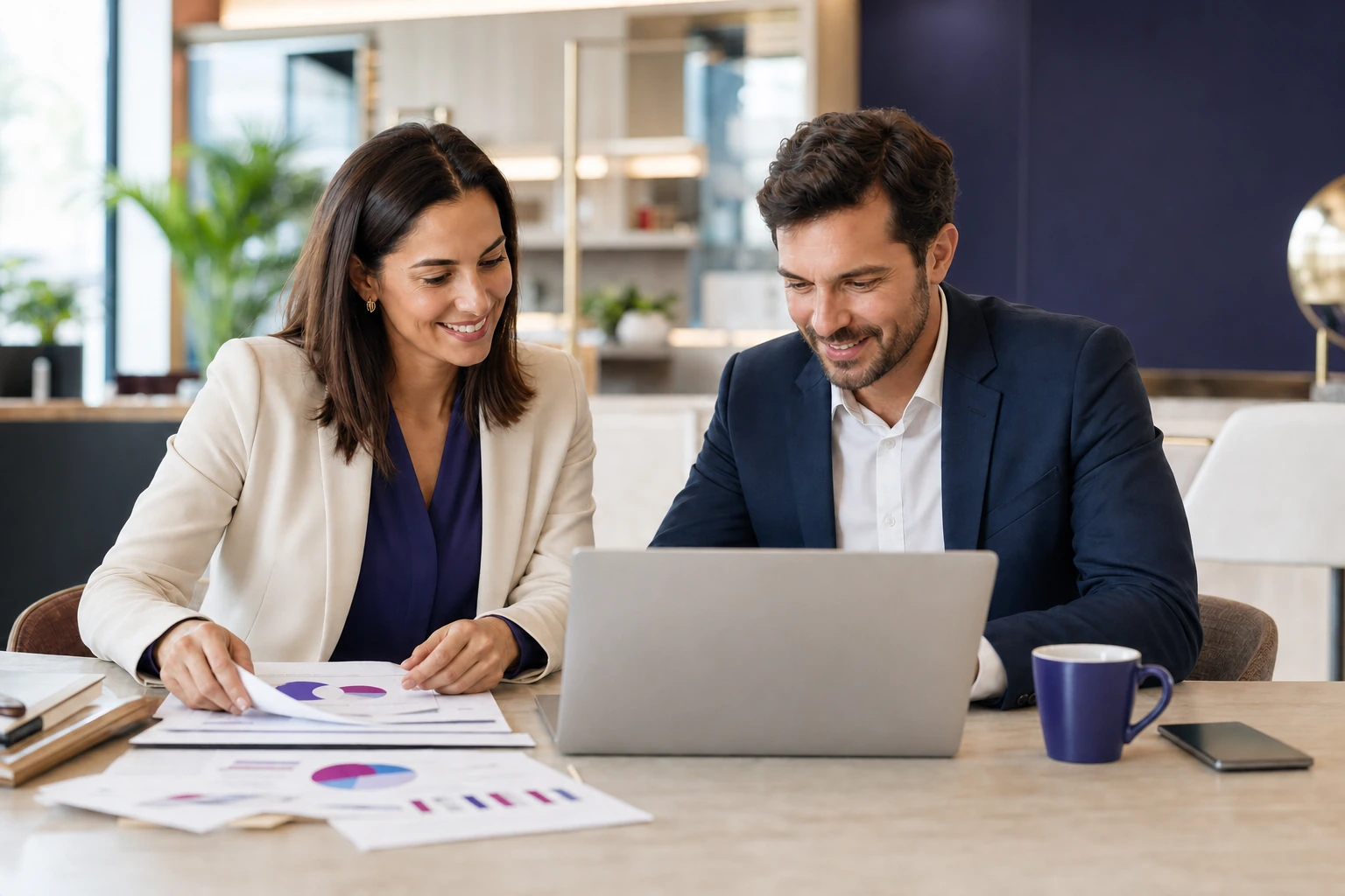Dois profissionais analisando resultados positivos da empresa