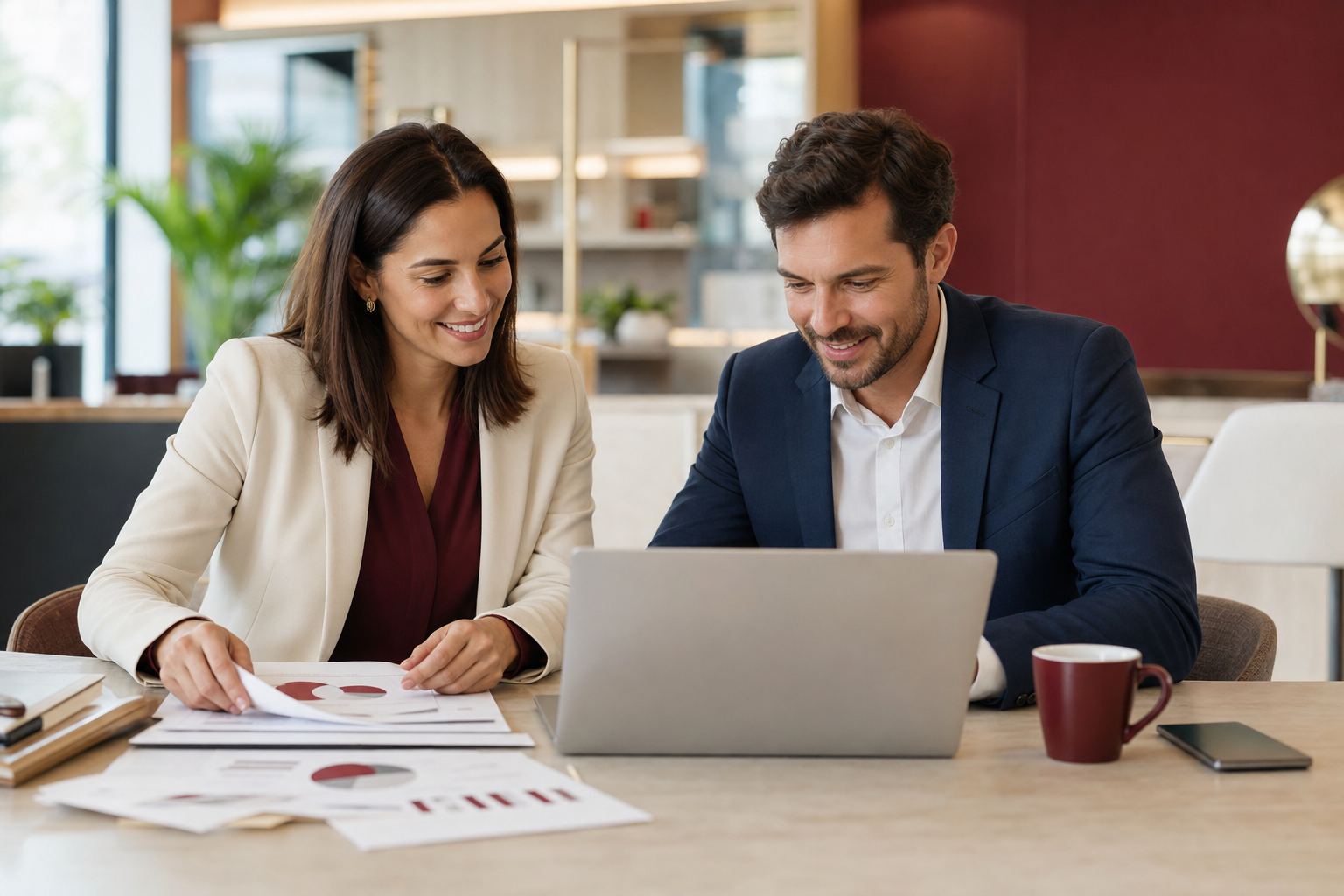 Dois profissionais analisando resultados positivos da empresa
