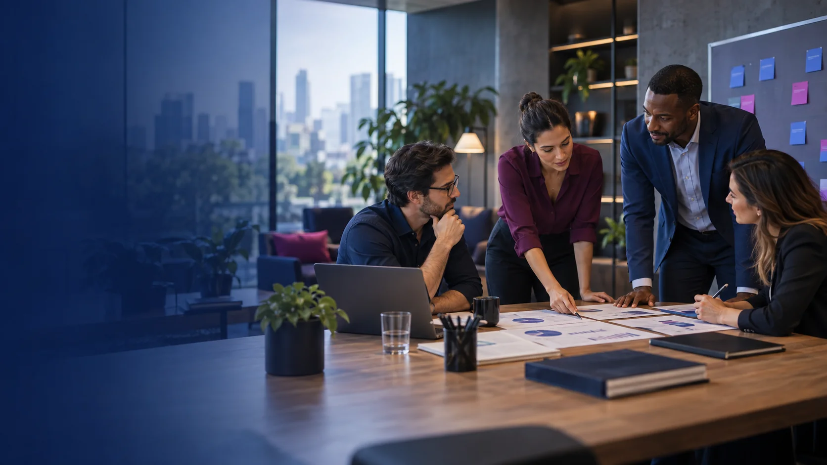 Equipe de liderança organizando metas e prioridades empresariais